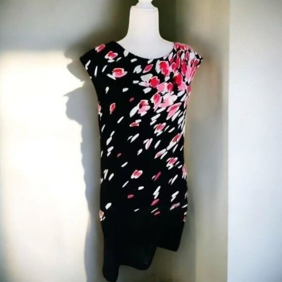 Ann Taylor Loft Womens Black Pink Floral Cap Sleeve Knee Length Dress Size Small - Picture 10 of 10